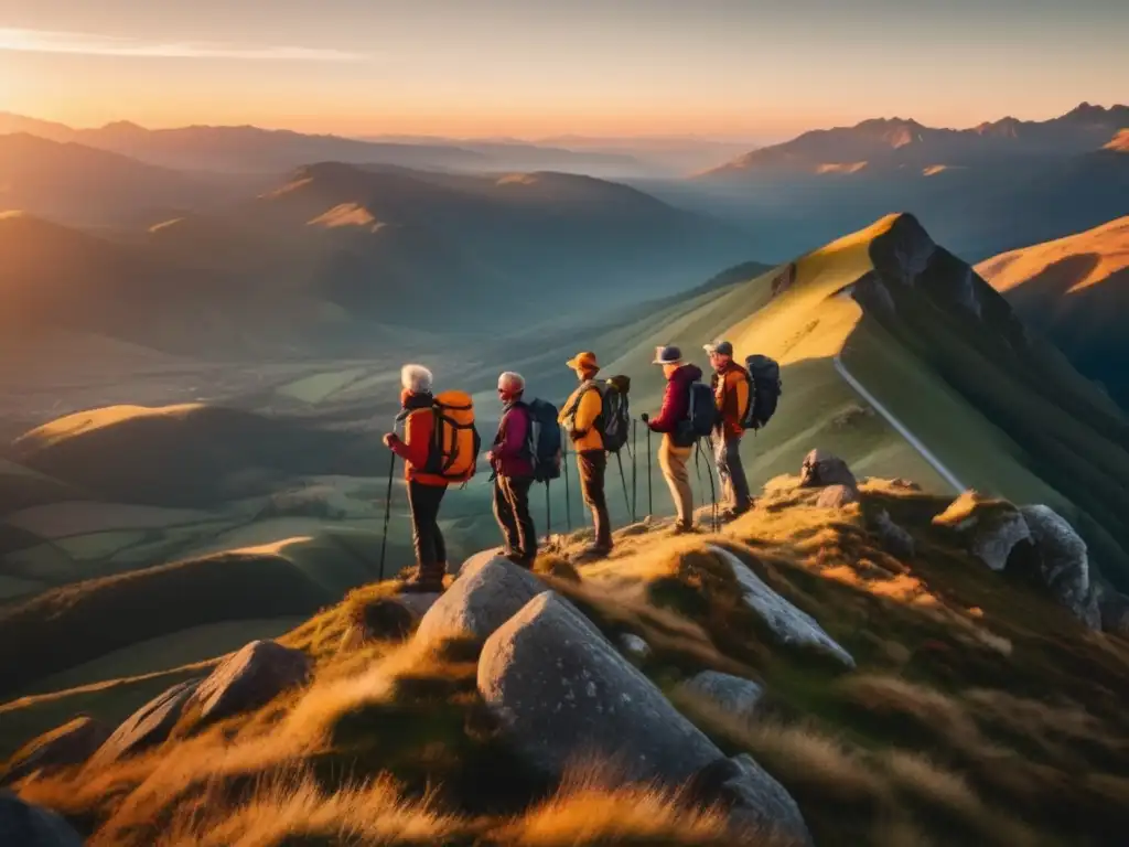 Viajes de aventura para mayores tendencia - Grupo de viajeros maduros en la cima de una montaña impresionante al atardecer