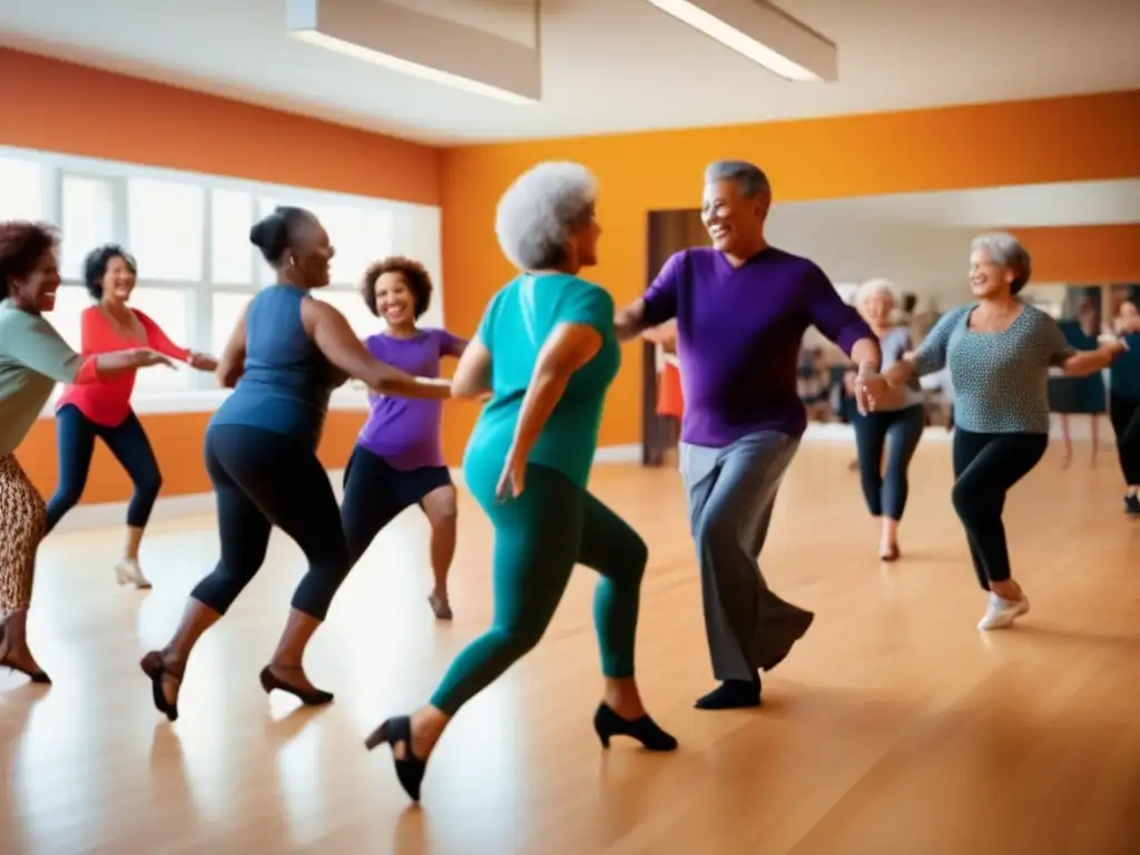 Grupo de viajeros maduros disfrutando de un animado taller de baile Talleres de baile para viajeros maduros en un estudio vibrante y espacioso, con participantes moviéndose con gracia y entusiasmo