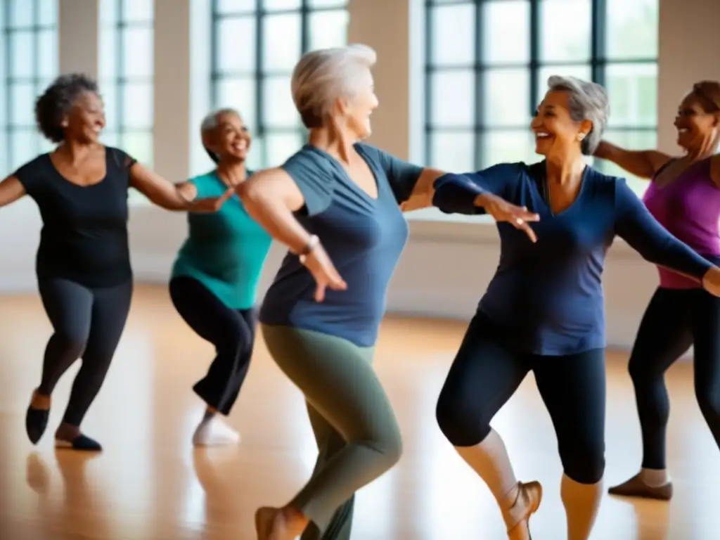 Grupo de viajeros maduros disfrutando de un taller de baile Talleres de baile para viajeros maduros en estudio moderno y vibrante, con participantes elegantes y dedicados