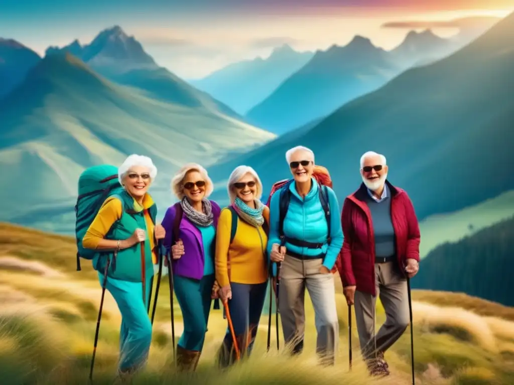 Viajeros mayores en paisaje montañoso Aventuras para viajeros senior en paisaje montañoso vibrante y moderno-