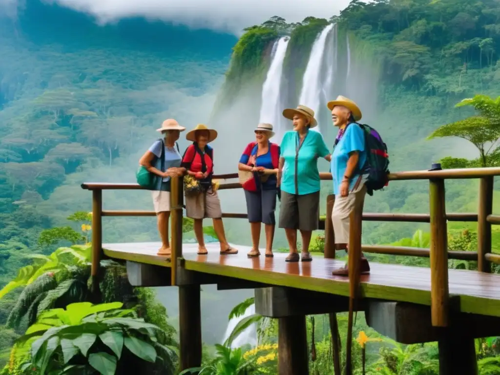 Grupo de ancianos explorando la selva Viajeros tercera edad disfrutando beneficios ecoturismo: plataforma madera, selva exuberante, sonrisas, cascada