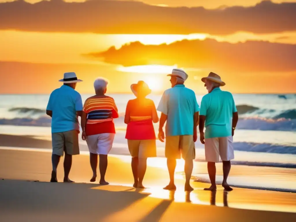 Grupo de adultos mayores disfrutando de la playa al atardecer Viajeros mayores disfrutan en playa paradisíaca al atardecer - Seguro de viaje para mayores: preguntas frecuentes
