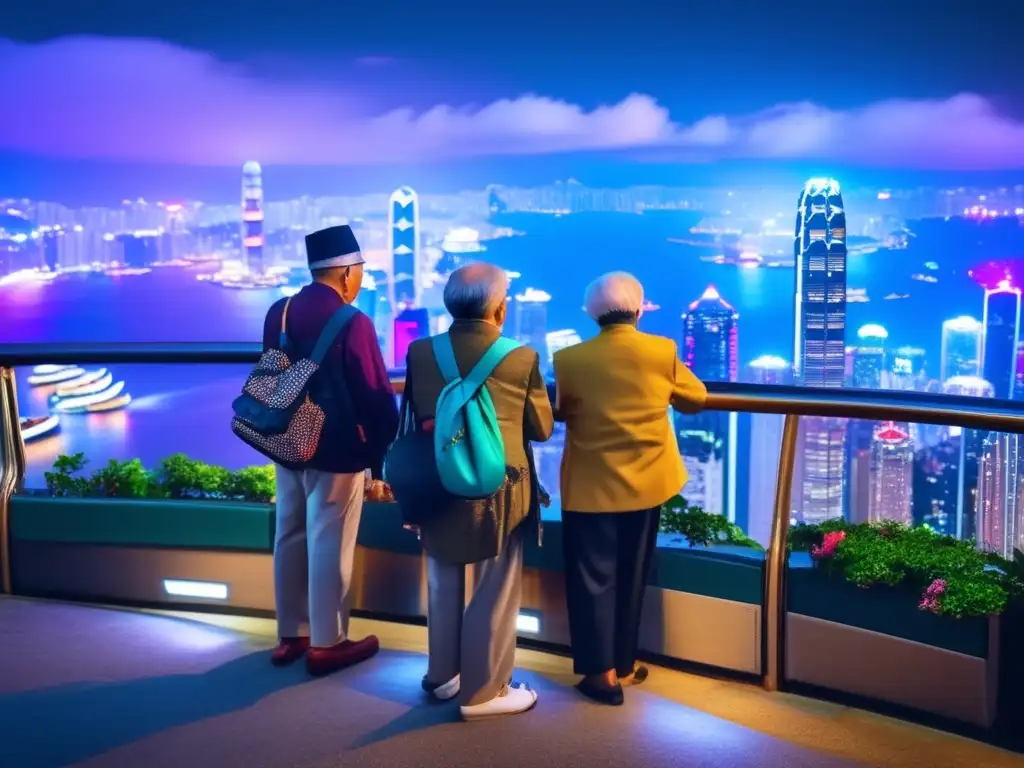 Seniors disfrutando la vista de Hong Kong desde Victoria Peak Experiencias de viaje para adultos mayores en Hong Kong: grupo sonriente disfrutando la vista panorámica nocturna desde Victoria Peak