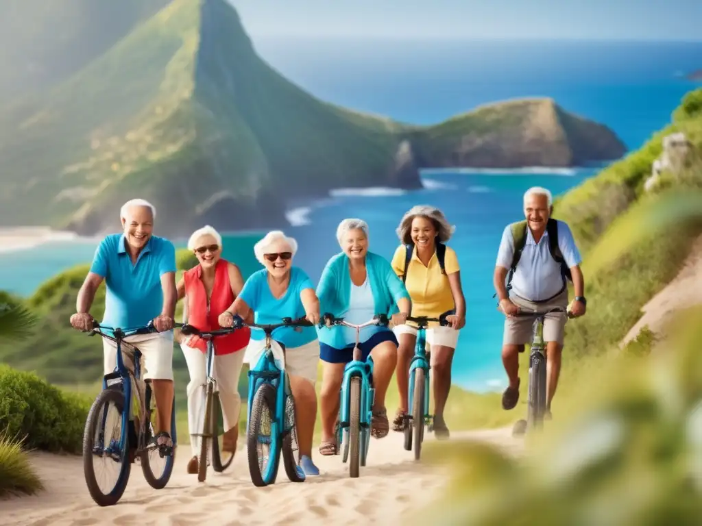 Viajeros mayores explorando destino escénico Seguros de viaje para mayores: cobertura completa y exclusiva - Grupo de alegres viajeros explorando un destino escénico -