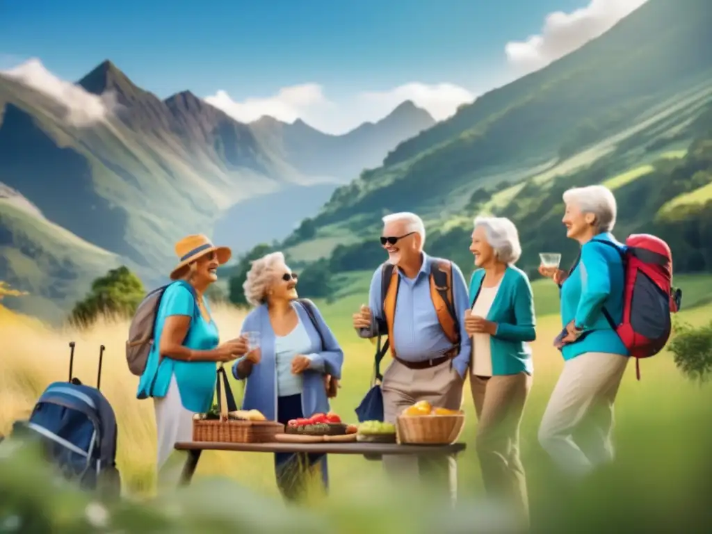 Beneficios seguros viaje mayores: Grupo de adultos mayores disfrutando de un destino escénico, radiando alegría y aventura