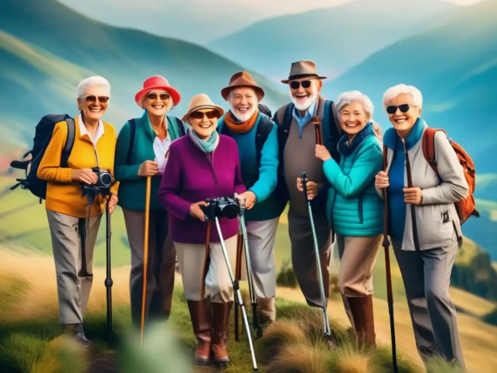 Alegre grupo de viajeros seniors en la montaña Grupo de seniors viajeros disfrutando la montaña - Riesgos de viaje para seniors