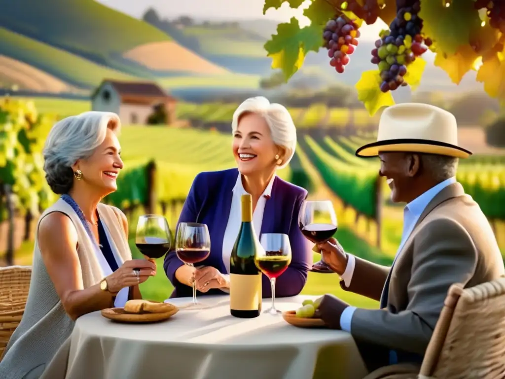 Experiencia enóloga en viñedo pintoresco Experiencia de cata de vinos para viajeros senior en un viñedo pintoresco con hermoso paisaje y ambiente alegre