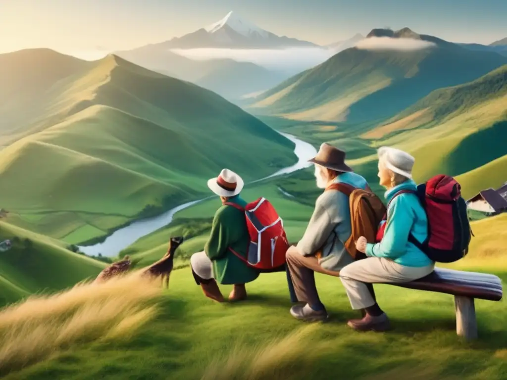 Grupo de ancianos disfrutando de vista panorámica Viajeros mayores disfrutando de vista panorámica en montaña, promoviendo planificación financiera para viajes en tercera edad
