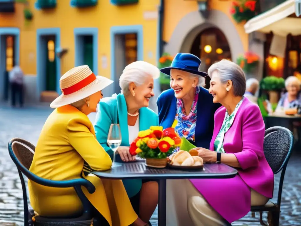 Viajes temáticos para mayores adaptados Grupo de viajeros mayores con ropa colorida disfrutando en una animada cafetería al aire libre en una encantadora ciudad europea