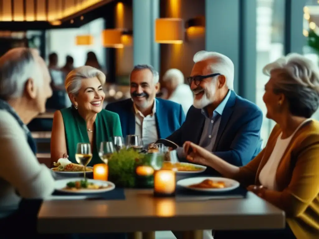 Grupo de mayores disfrutando de una comida en un restaurante moderno Consejos ahorro comidas viajes senior: Grupo de viajeros senior disfrutando en un restaurante con ambiente moderno y elegante, deleitándose con platos deliciosos y vibrantes