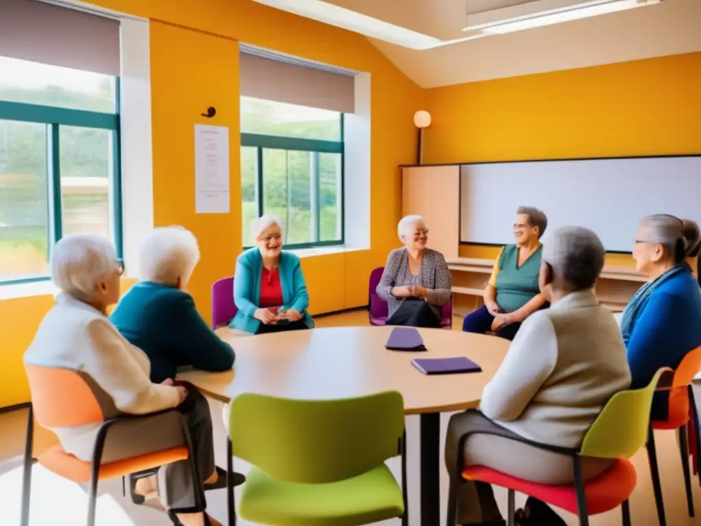 Grupo de adultos mayores en taller de idiomas Taller de idiomas para viajes senior con entusiasmados participantes, aprendiendo y compartiendo en un aula luminosa y acogedora