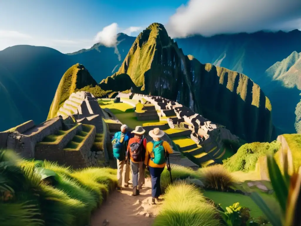 Grupo de viajeros mayores en sendero de Machu Picchu Experiencias de aventura para viajeros senior en Machu Picchu