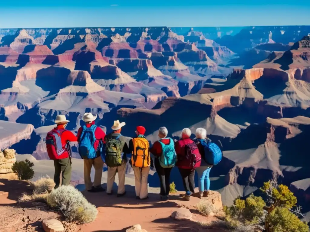 Grupo de seniors en el Gran Cañón Consejos viajes seguros seniors: Grupo de viajeros mayores en el borde del Gran Cañón, Arizona