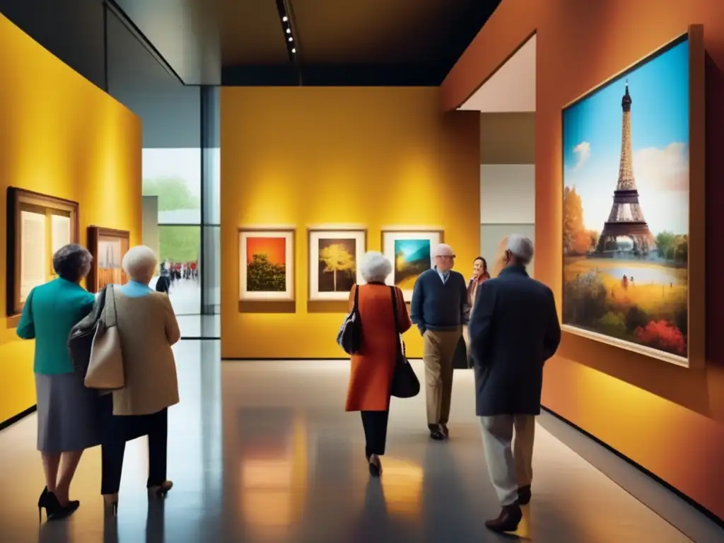 Senior travelers in vibrant museum Museo para viajeros senior: grupo inmerso en la vibrante atmósfera de una galería contemporánea con obras de arte cautivadoras