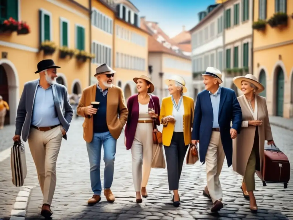 Excursión cultural en Europa con seniors Excursiones en cruceros para viajeros mayores en una pintoresca ciudad europea con arquitectura encantadora, guía local y viajeros curiosos