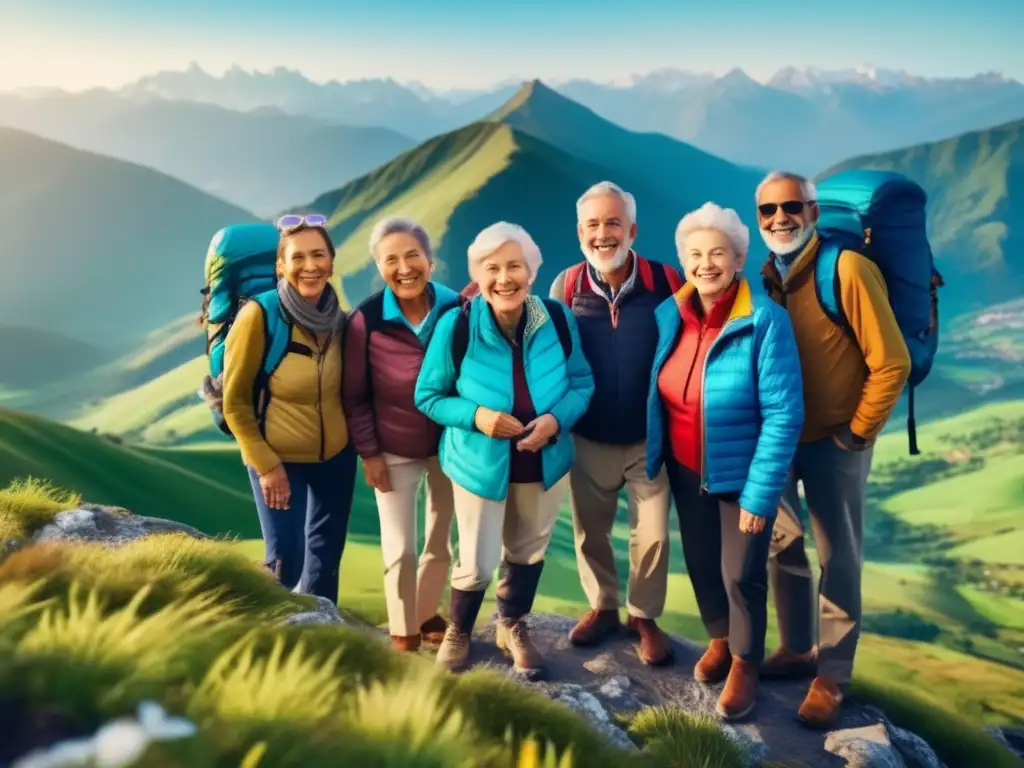 Seniors disfrutando de la naturaleza Grupo de adultos mayores en una montaña, expresando amistad y camaradería