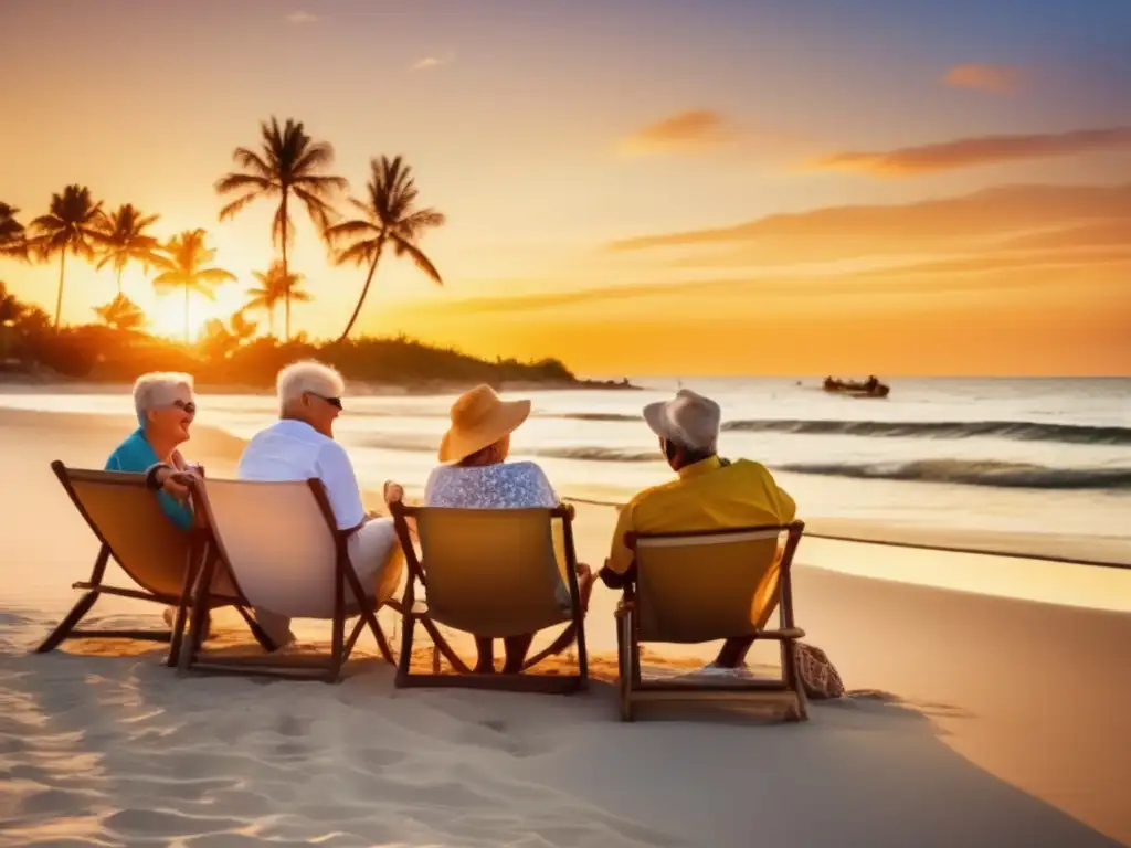 Momentos inolvidables de viajes para mayores Experiencias de viajes senior inolvidables en una playa tranquila al atardecer