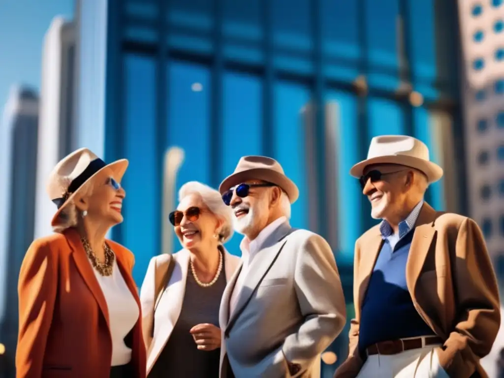 Grupo de viajeros mayores en una calle vibrante Preparación viajes grupales seniors en ciudad moderna y vibrante