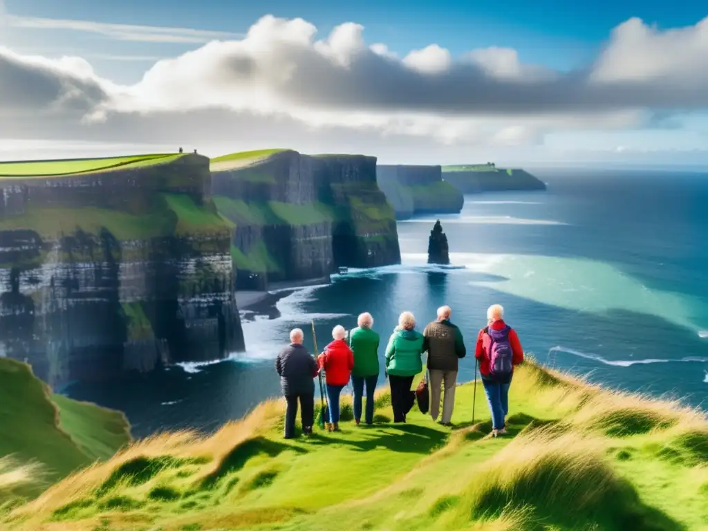 Grupo de seniors en los acantilados de Moher, Irlanda Viaje en grupo seniors: Cliffs of Moher, paisaje impresionante, aventura y belleza en Europa
