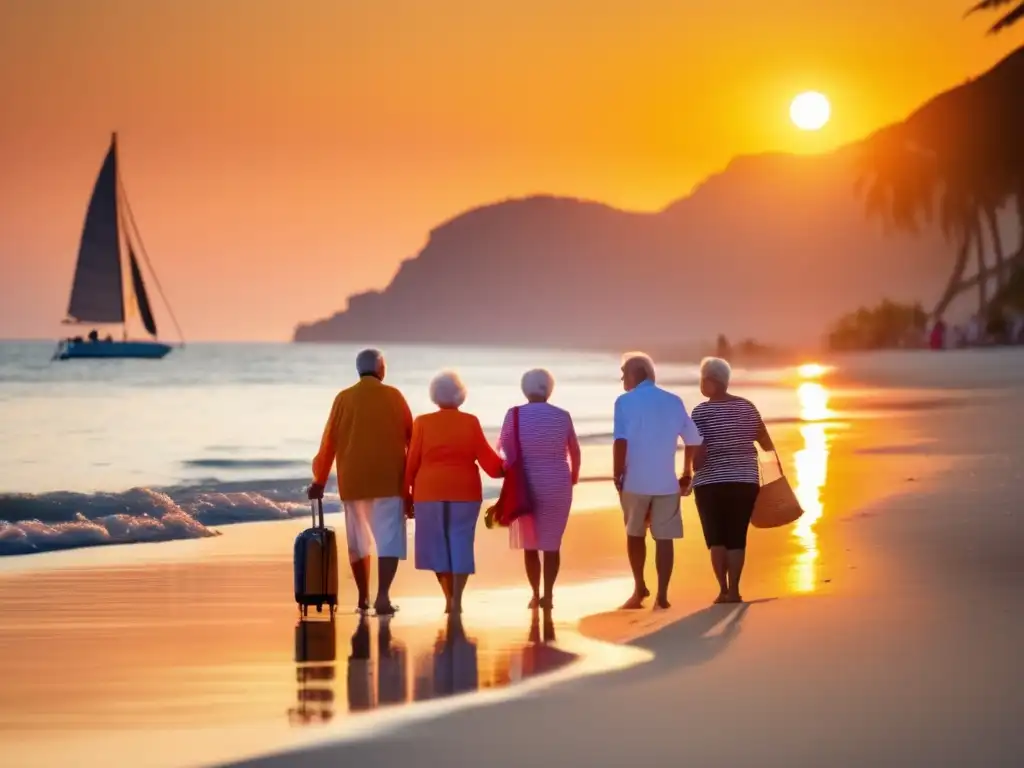 Grupo de mayores disfrutando de la playa al atardecer Viajeros seniors en playa al atardecer - Guía emergencias viajeros seniors