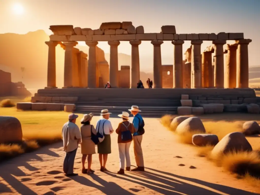 Grupo de viajeros mayores maravillados en sitio arqueológico Viajes arqueología para mayores en sitio histórico con experto y paneles informativos interactivos