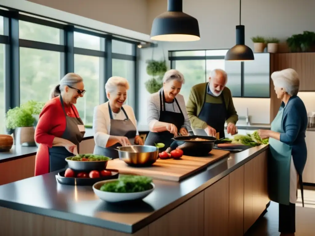 Taller de cocina para viajeros seniors Cocina moderna y espaciosa con viajeros senior en taller de cocina: Alimentación saludable para viajeros senior