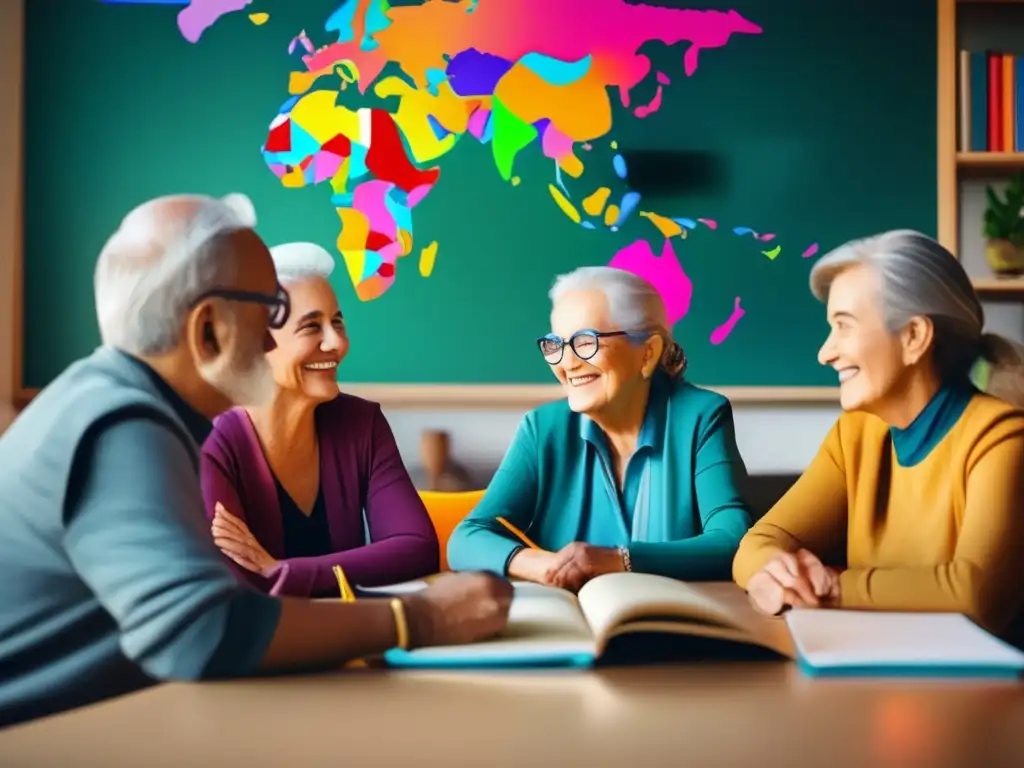 Seniors aprendiendo idiomas en un entorno acogedor Talleres de idiomas para viajes senior con entusiastas y amigables participantes, un instructor experto y un ambiente acogedor y motivador