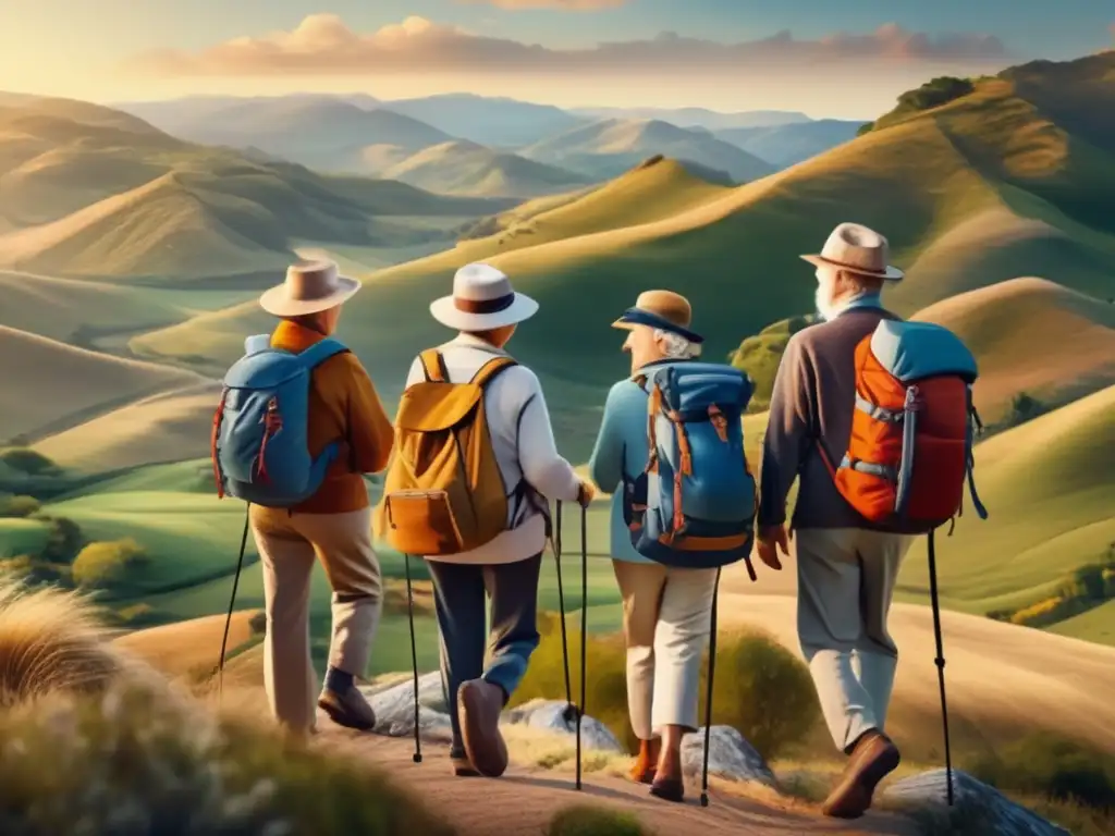 Grupo de mayores disfrutando de un paisaje majestuoso Viaje seguro y emocionante de seniors con precauciones