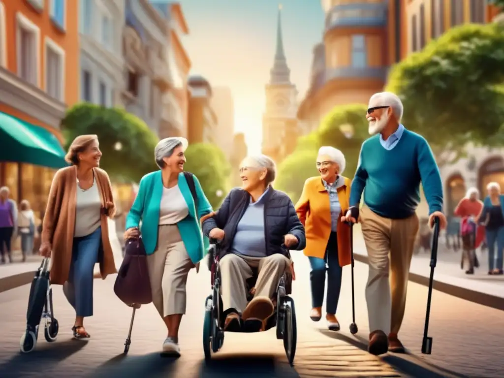 Seniors disfrutando de una ciudad accesible y vibrante Viajes accesibles para personas mayores explorando ciudad vibrante con distintas ayudas de movilidad