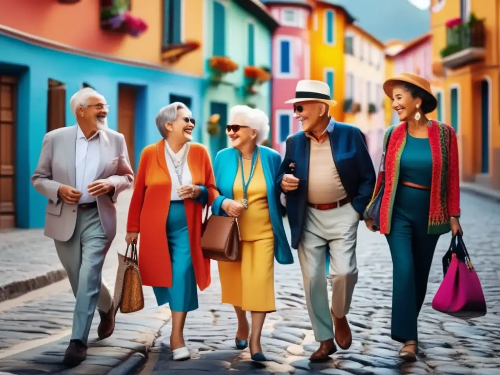 Grupo de seniors felices explorando destino pintoresco Seniors explorando destino pintoresco, transmitiendo alegría, camaradería y la importancia de seguros de viaje para mayores