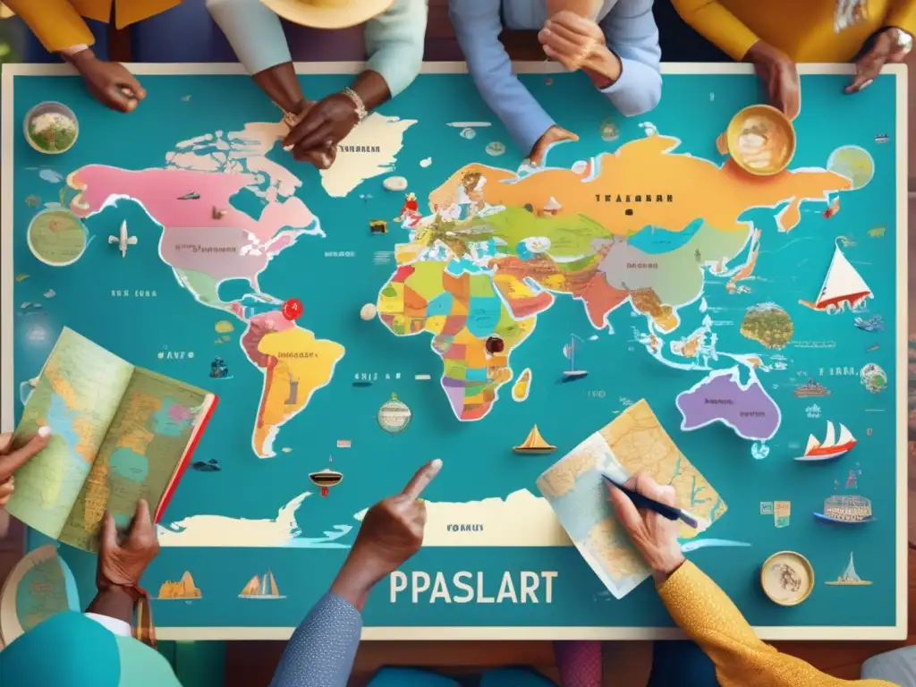 Ancianos viajeros explorando el mundo Experiencias de viaje para adultos mayores con mapa, conversaciones animadas y pasaportes coloridos
