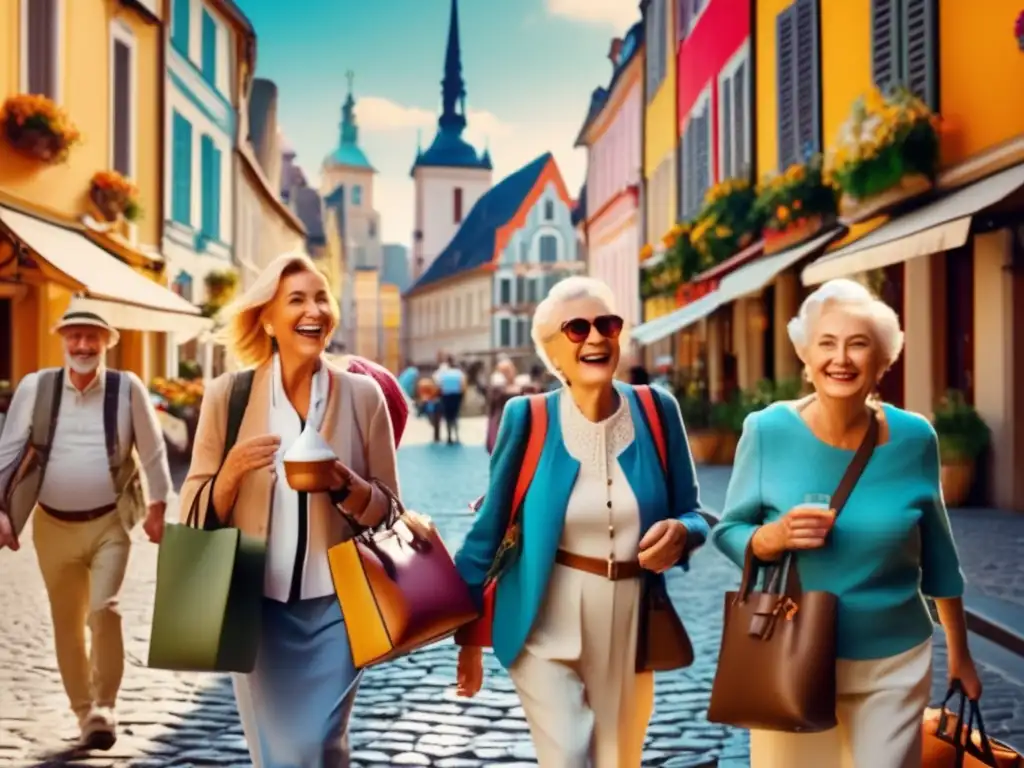 Grupo de viajeros senior explorando una ciudad europea Viajeros mayores explorando ciudad europea con vibrante ambiente y diversidad étnica