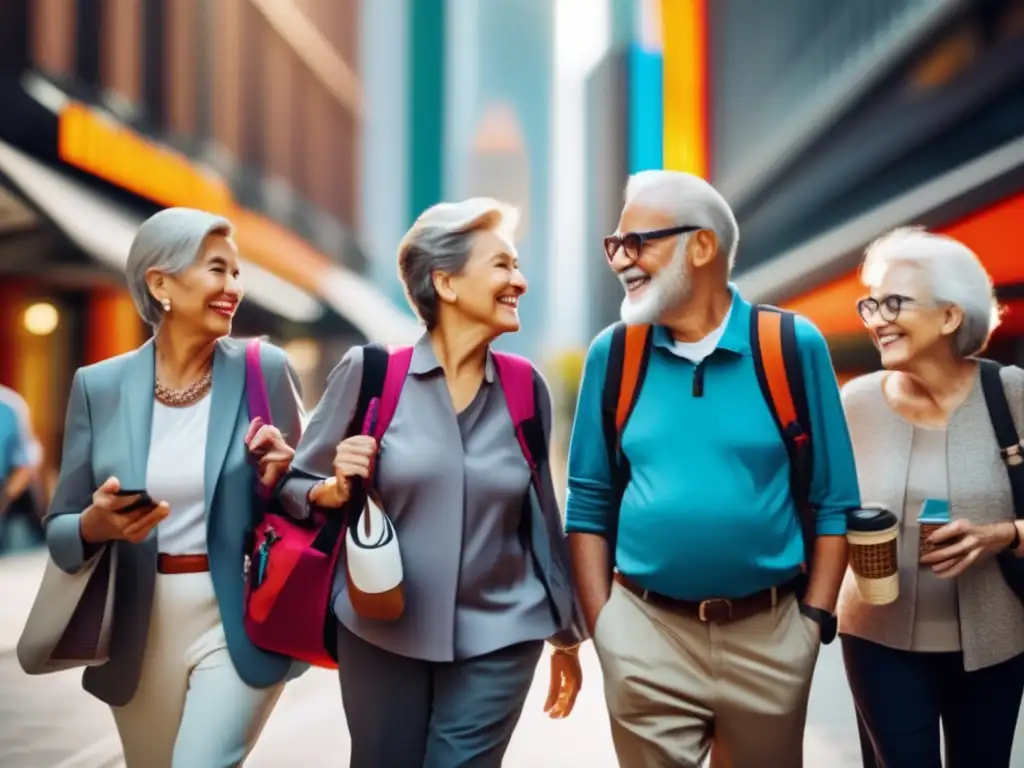 Grupo de mayores explorando la ciudad con confianza Grupo de seniors explorando ciudad, viviendo aventuras y llevando guía emergencias viajeros
