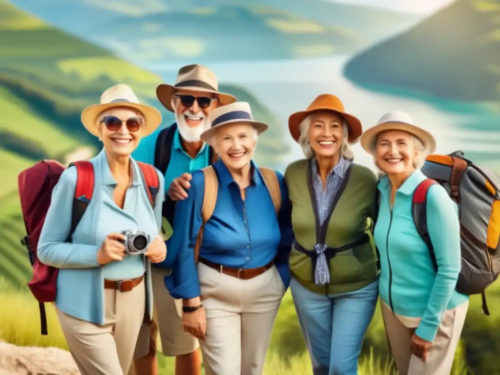 Grupo de viajeros mayores disfrutando un destino scenic Viajeros mayores disfrutan de un viaje seguro y beneficioso