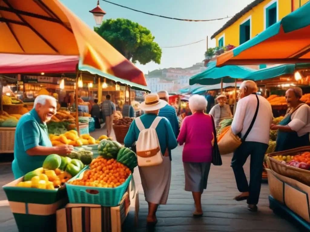 Alegres seniors explorando mercado costero Viajar económico en la edad dorada: Alegres viajeros exploran un mercado costero, lleno de colores, aromas y artesanías