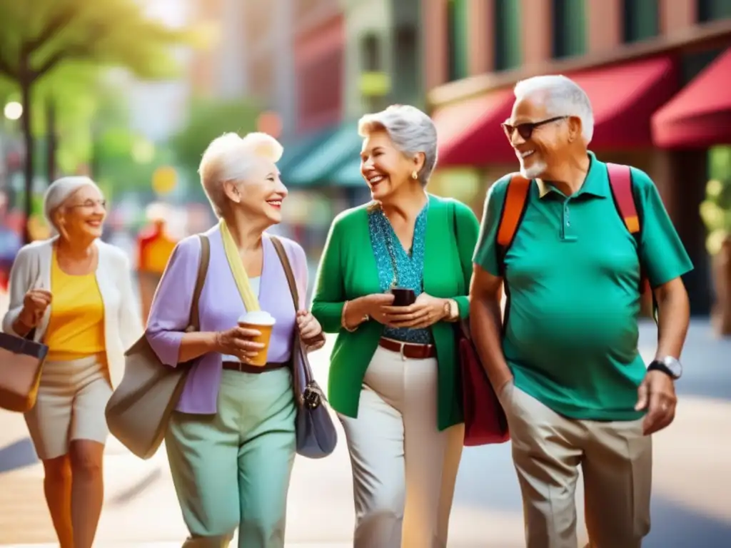 Alegres viajeros mayores explorando una ciudad vibrante en Norteamérica Ciudades seguras para viajeros seniors en Norte América explorando y disfrutando de un ambiente urbano vibrante y acogedor