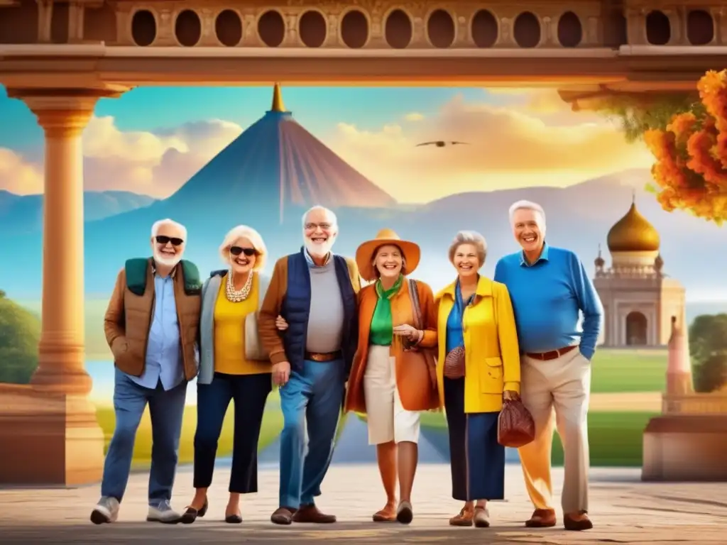 Aventura de viaje de jubilados Grupo de viajeros senior en frente de un hermoso hito histórico, con colores vibrantes y sentido de aventura