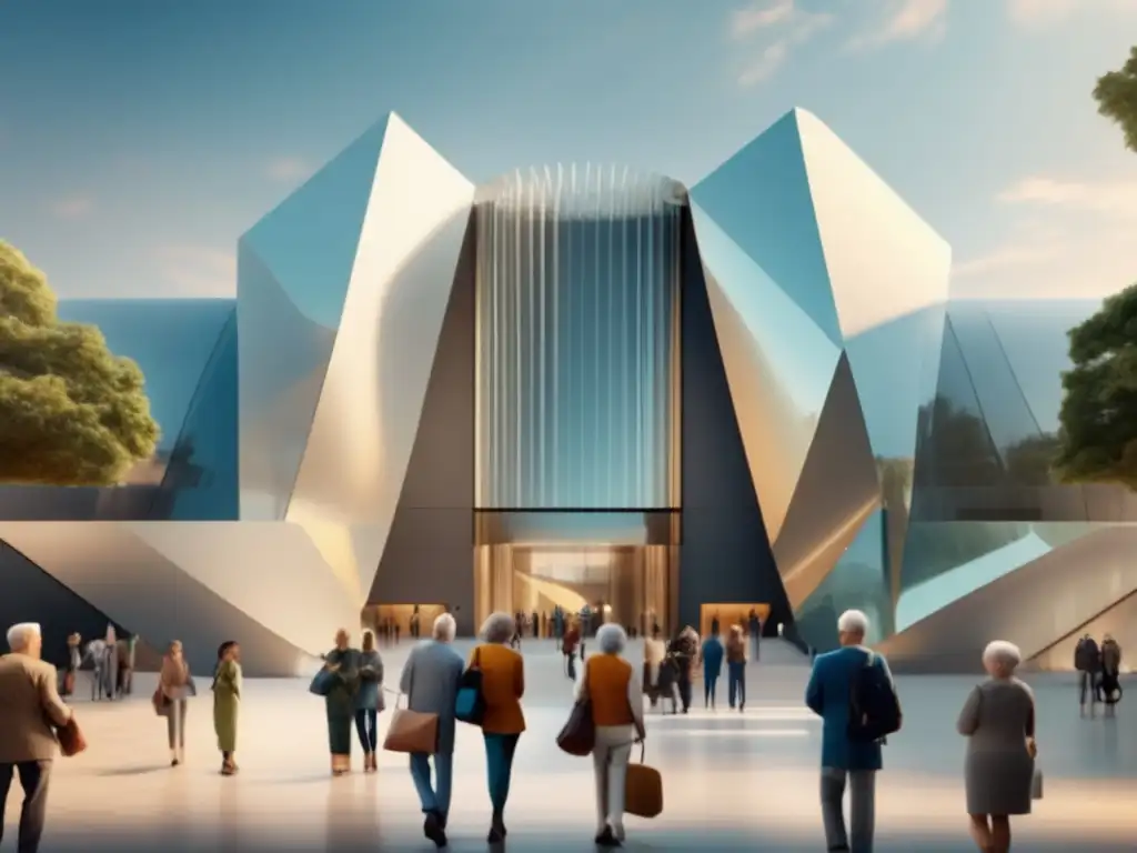 Grupo de adultos mayores emocionados frente a la entrada de un museo Viajes culturales para seniors en un museo moderno con esculturas y energía vibrante