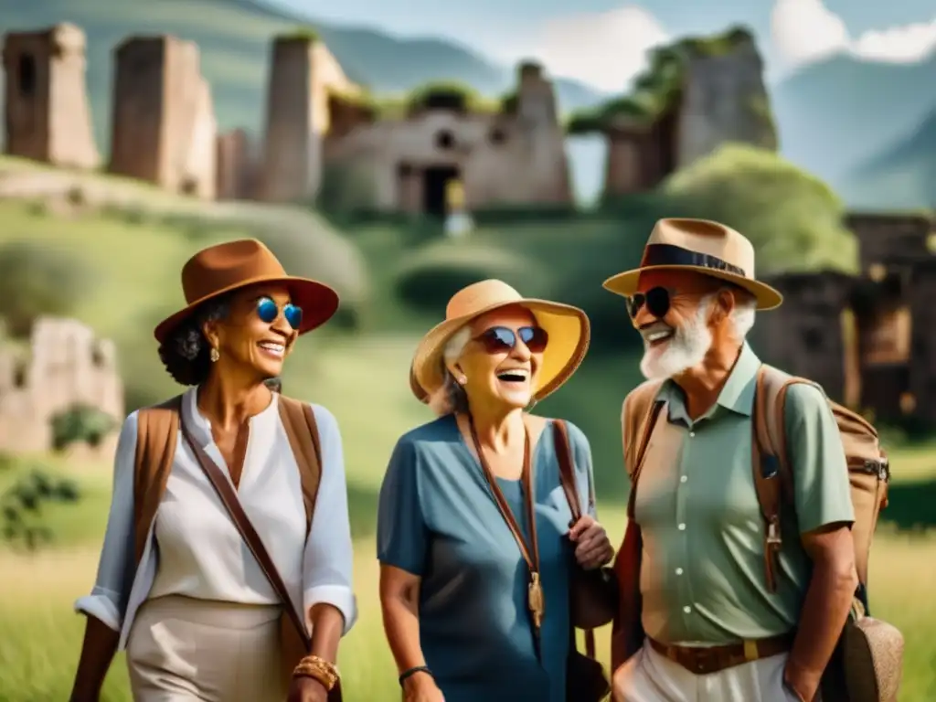 Grupo de viajeros mayores frente a ruinas antiguas Rutas viaje ancestral adultos mayores en ruinas montañosas