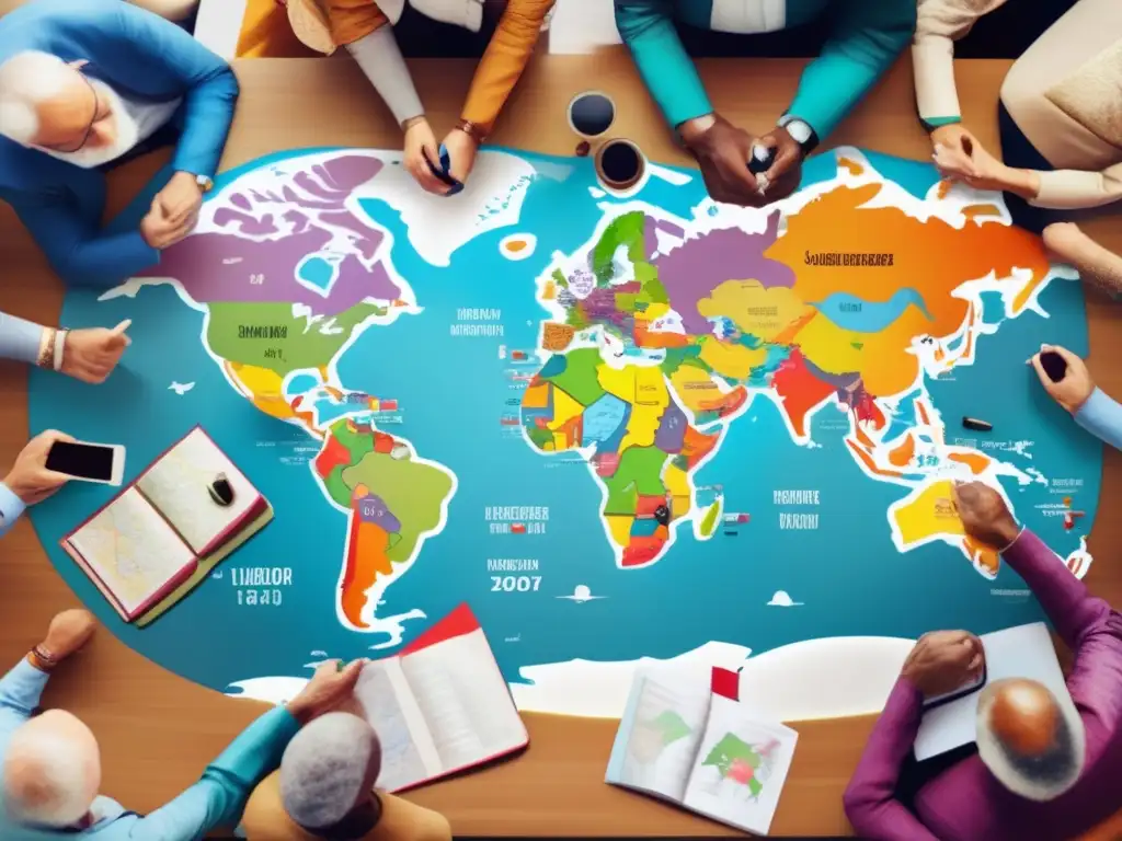 Errores viajes lingüísticos adultos mayores con mapa, marcadores y discusión animada