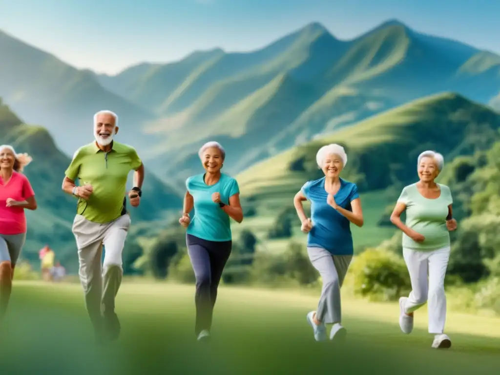 Actividades de ejercicio para viajeros mayores Ejercicios saludables para viajeros senior en entorno sereno con paisaje montañoso y cielo azul
