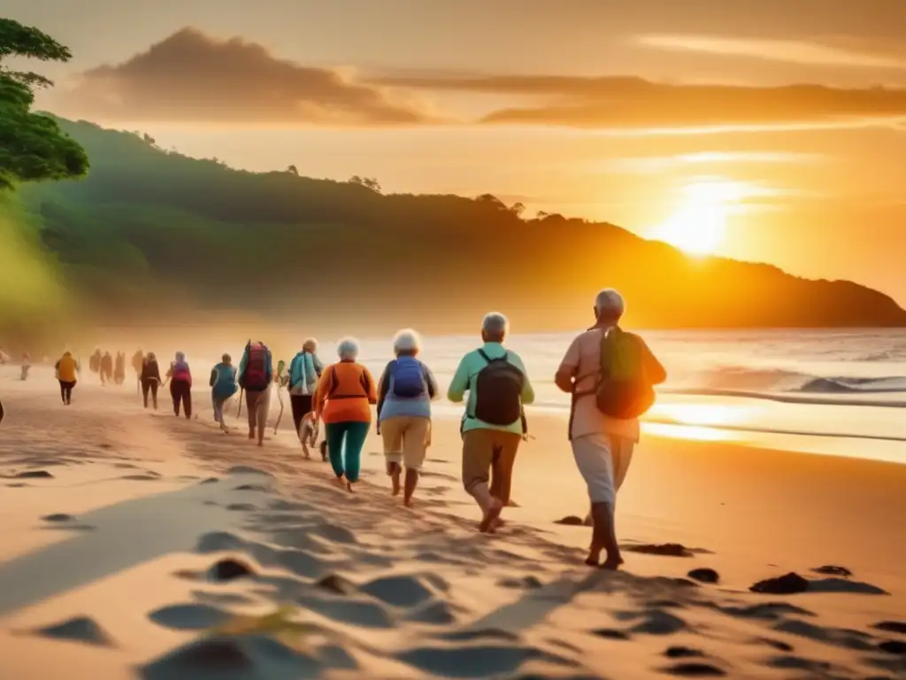 Grupo de viajeros mayores activos en un paisaje vibrante Consejos saludables para viajeros seniors disfrutando de actividades al aire libre