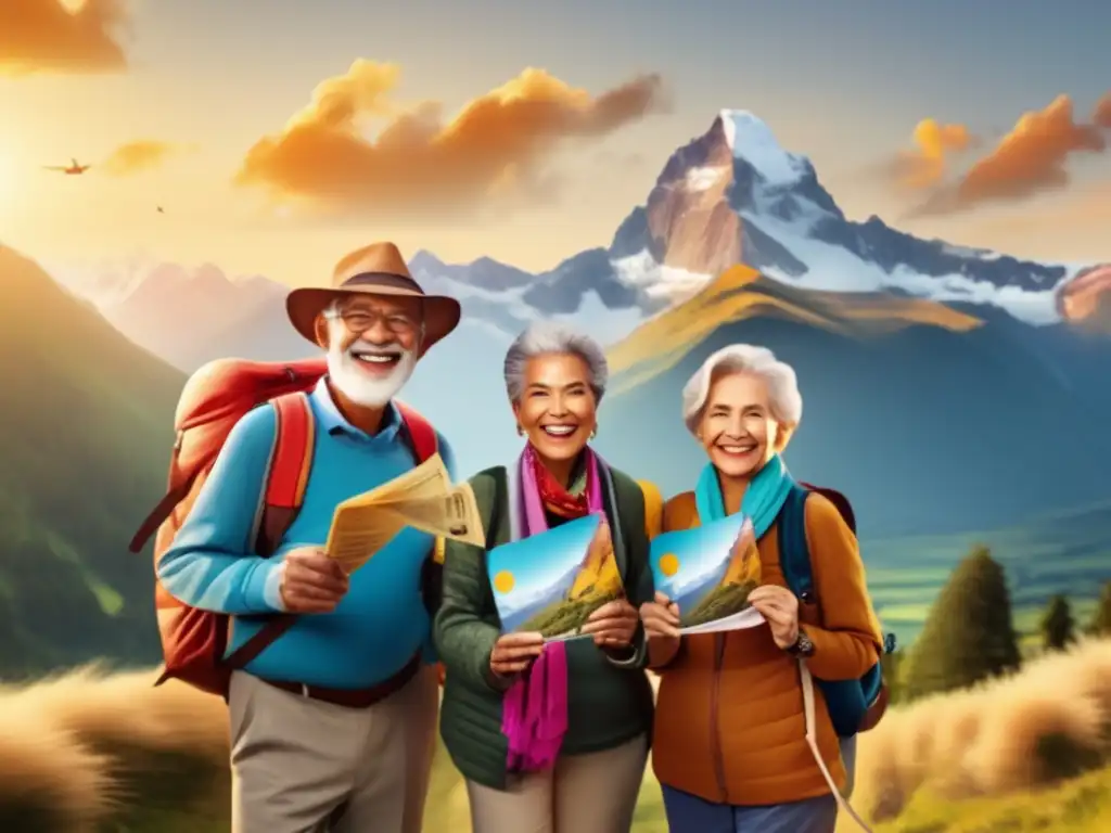 Grupo de viajeros sonrientes en paisaje montañoso Grupo de viajeros mayores sonrientes en paisaje montañoso - Seguro de viaje para mayores: preguntas frecuentes