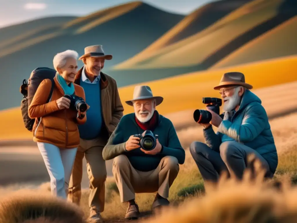 Grupo de viajeros seniors capturando paisajes y escenas vibrantes Accesorios fotográficos para viajeros seniors en paisaje vibrante