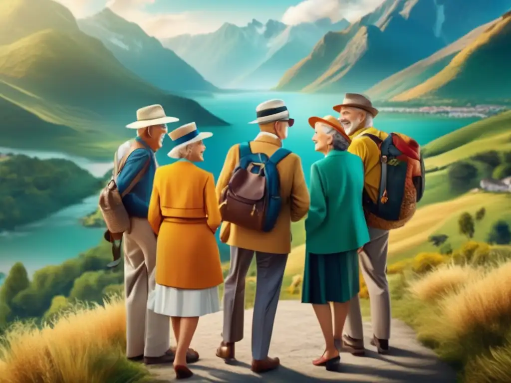 Grupo de viajeros mayores disfrutando de la naturaleza Guía emergencias viajeros seniors: Grupos de viajeros seniors disfrutando de un paisaje pintoresco, exudando confianza y aventura