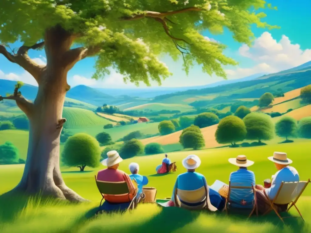 Talleres de pintura para viajeros senior bajo un árbol en un paisaje pintoresco, con colores vibrantes y detalles impresionantes