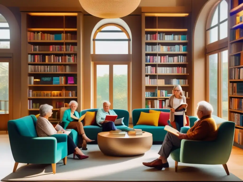 Grupo de adultos mayores disfrutando de un club de lectura Clubes de libros para viajeros senior recomendados en una biblioteca moderna y vibrante
