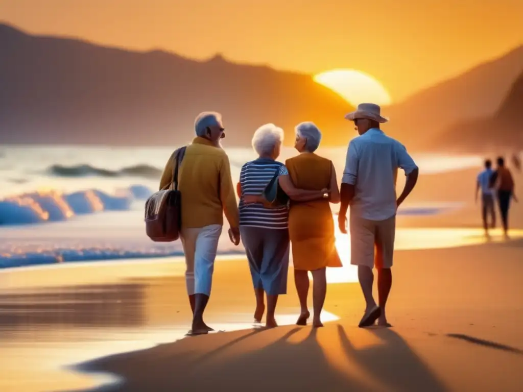 Seniors disfrutan de una puesta de sol en la playa Consejos seguridad viajes seniors: grupo de seniors en la playa al atardecer, disfrutando de la compañía y preparándose para su aventura