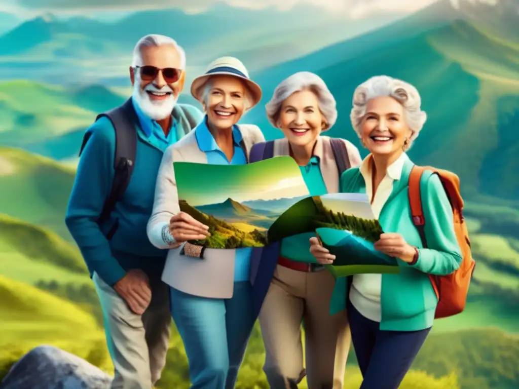 Seniors disfrutando de un hermoso paisaje Grupo de seniors en montaña con seguros de viaje para mayores