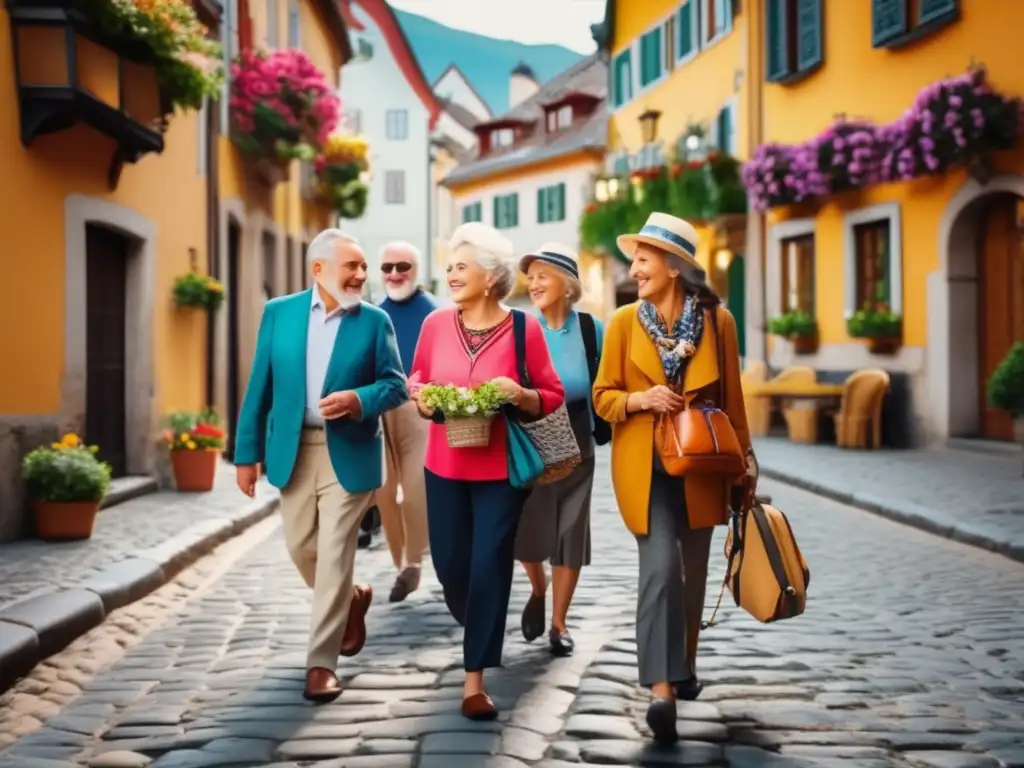 Felices viajeros mayores en encantadora calle europea Viajar económico en la edad dorada: grupo de alegres viajeros mayores caminando por una pintoresca calle empedrada en un encantador pueblo europeo